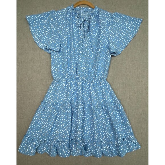 Unbranded Dresses & Skirts - Short Flutter Sleeve Blue Polka Dot Ruffle Skirt Sun Dress Tie Neck, Size Small